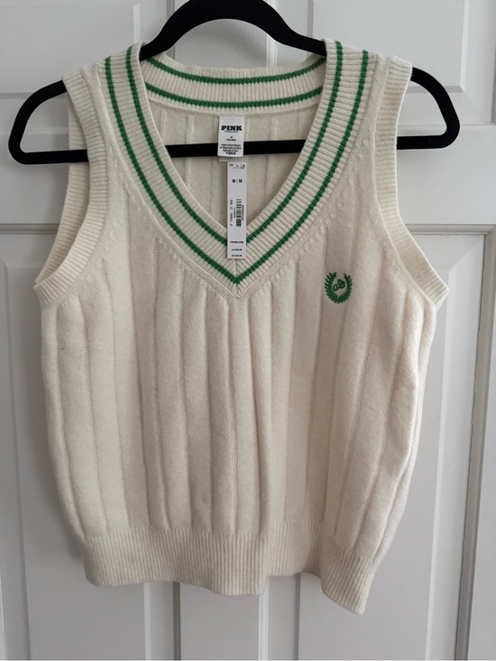 PINK Victoria's Secret Sweaters - PINK Victoria's Secret Cream V-Neck Knit Vest with Green Trim New with Tags Sz M